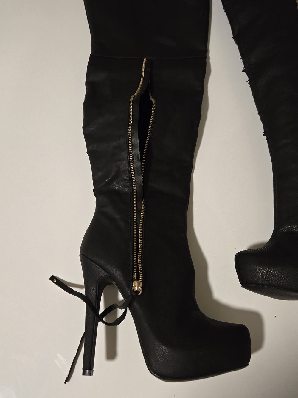 Ballantine Black Over-the-Knee Platform Stiletto Boots with Gold Zip - Picture 11 of 16